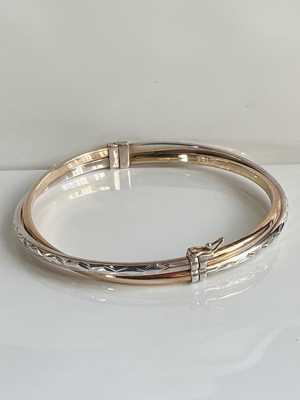 Sterling Silver & 14k Gold Twist Hinged Bangle Crossover Bracelet Vintage